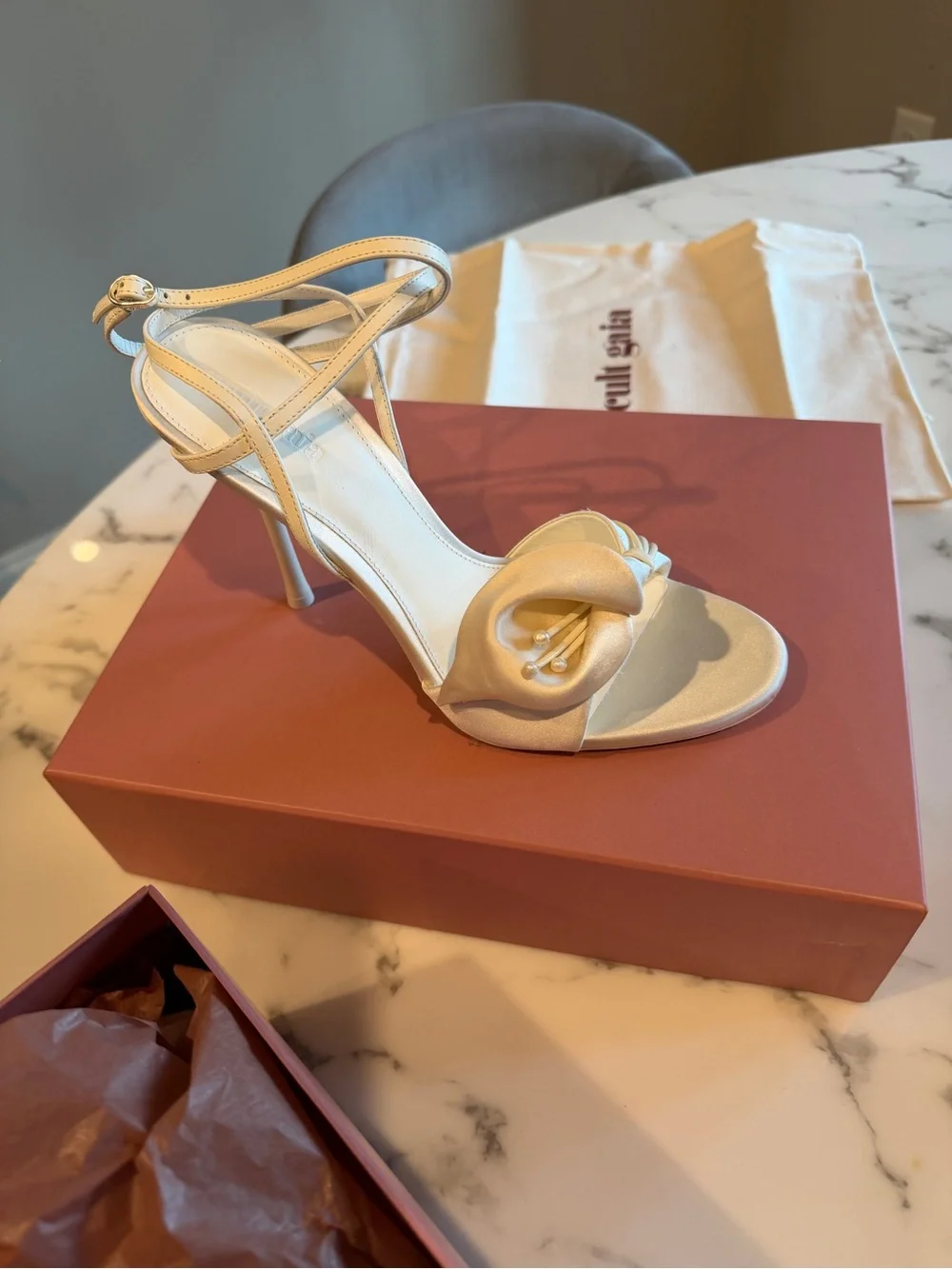 cult gaia Ivory Satin Floral Ankle-Strap Heel